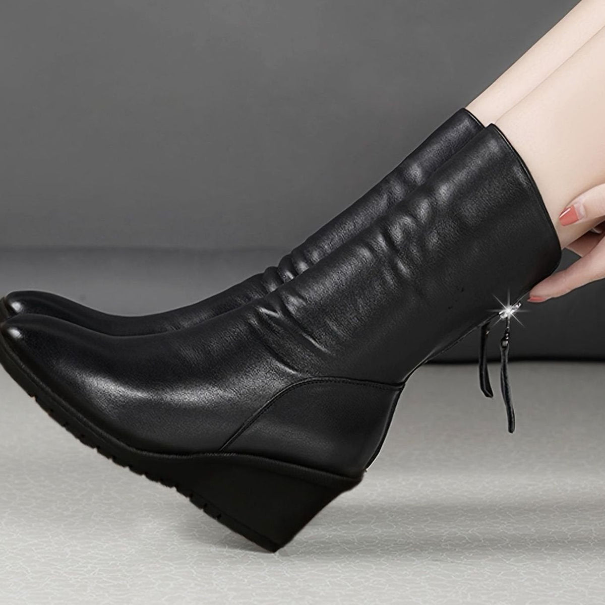 Eleanor | Women's mid-calf wedge boots with ruching and tassel detail