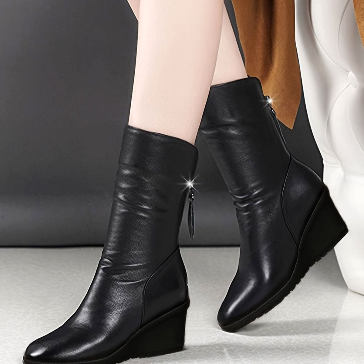 Eleanor | Women's mid-calf wedge boots with ruching and tassel detail