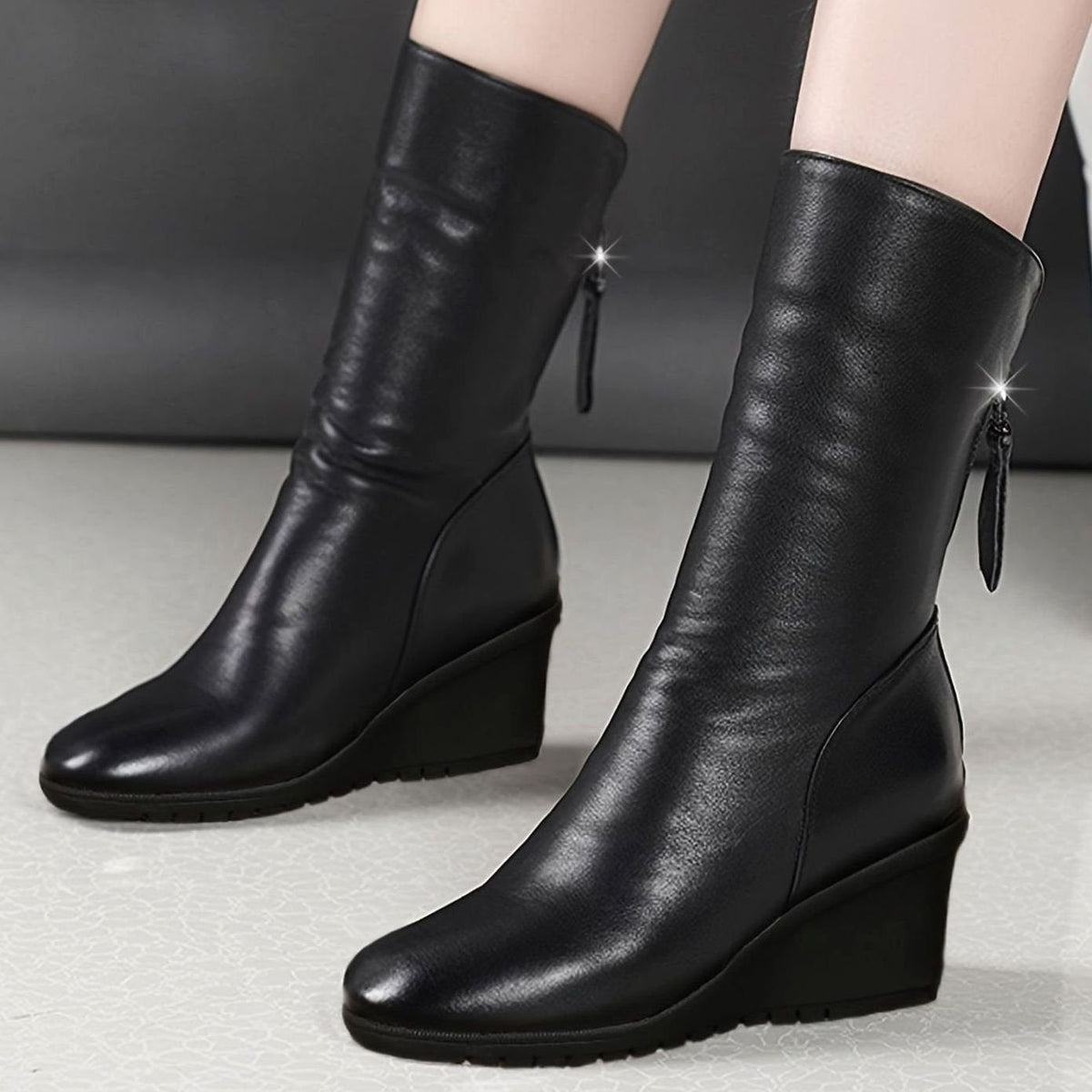 Eleanor | Women's mid-calf wedge boots with ruching and tassel detail