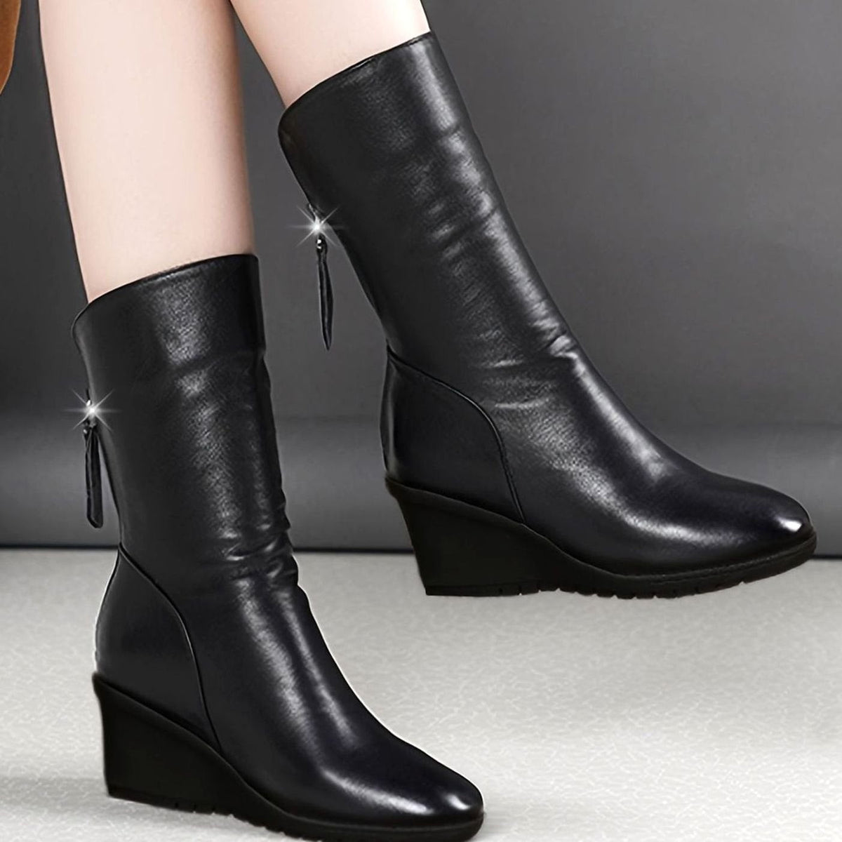 Eleanor | Women's mid-calf wedge boots with ruching and tassel detail